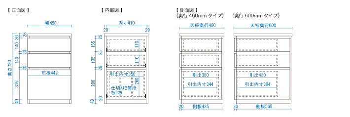 組合せ自由のユニット式デスク/収納/システムデスクシリーズ 引き出し サイズ図面1