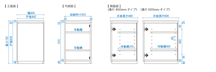 組合せ自由のユニット式デスク/収納/システムデスクシリーズ キャビネット サイズ図面1