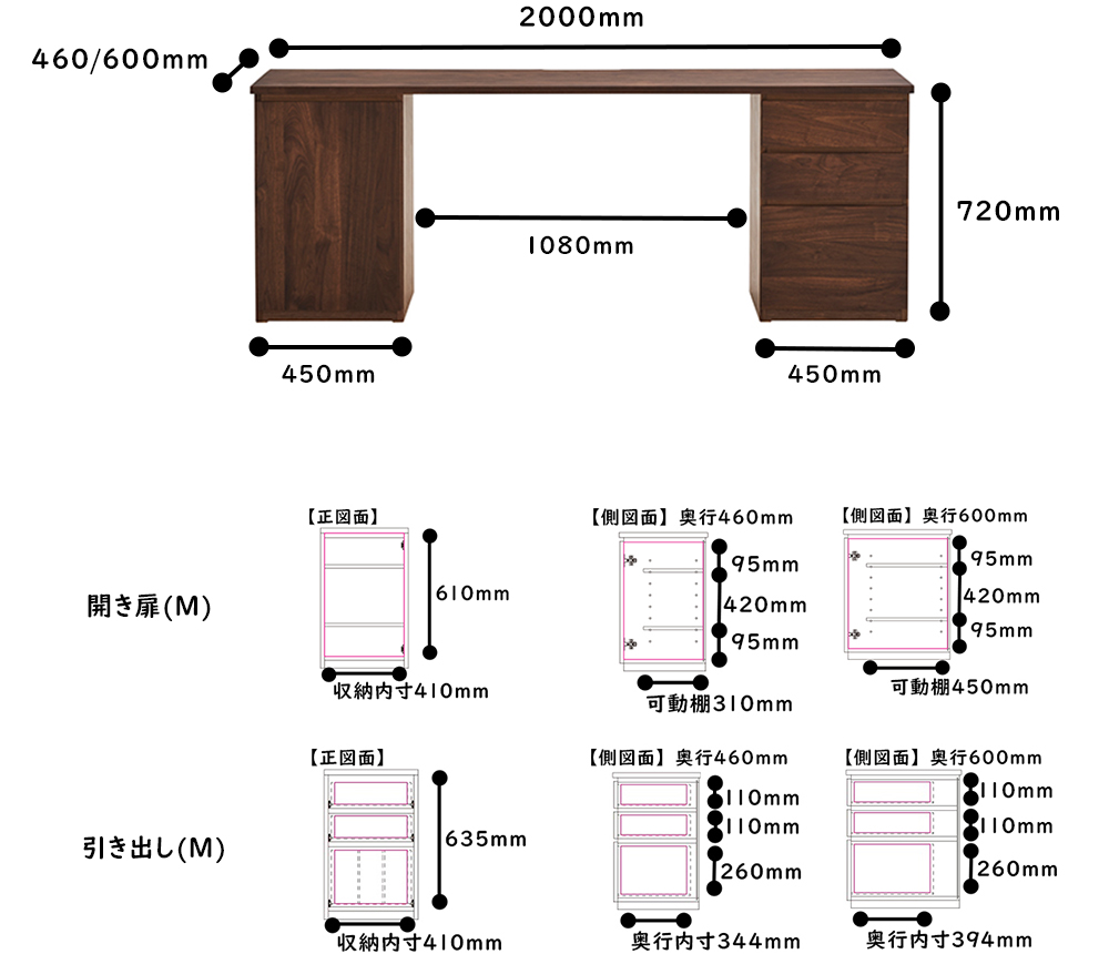 システムデスク_TML-HM_2000サイズ詳細 ウォールナット